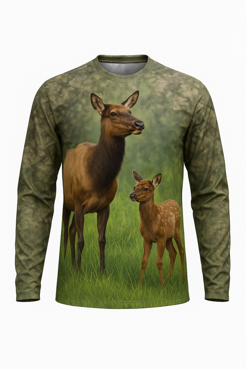 Cow Elk and Calf all over print long sleeve hunting shirt
