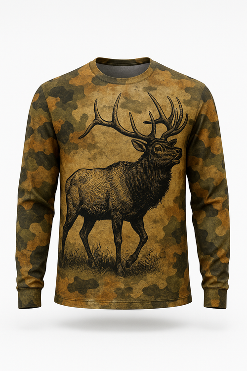 Vintage Woodcut Elk all over print long sleeve hunting shirt