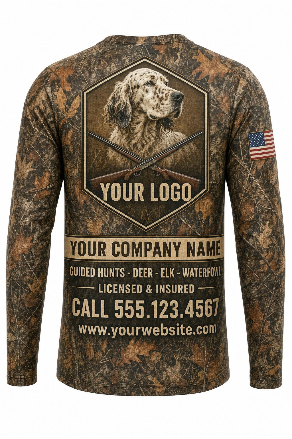 English Setter Upland Custom Hunting Team Uniform - back view, custom company logo all-over-print uniform