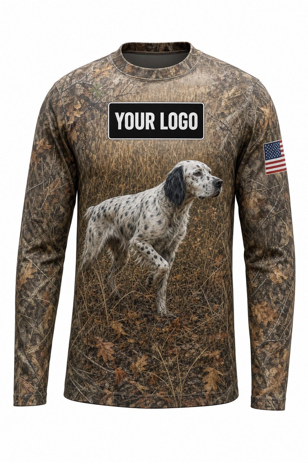 English Setter Upland Custom Hunting Team Uniform - front view, custom company logo all-over-print uniform