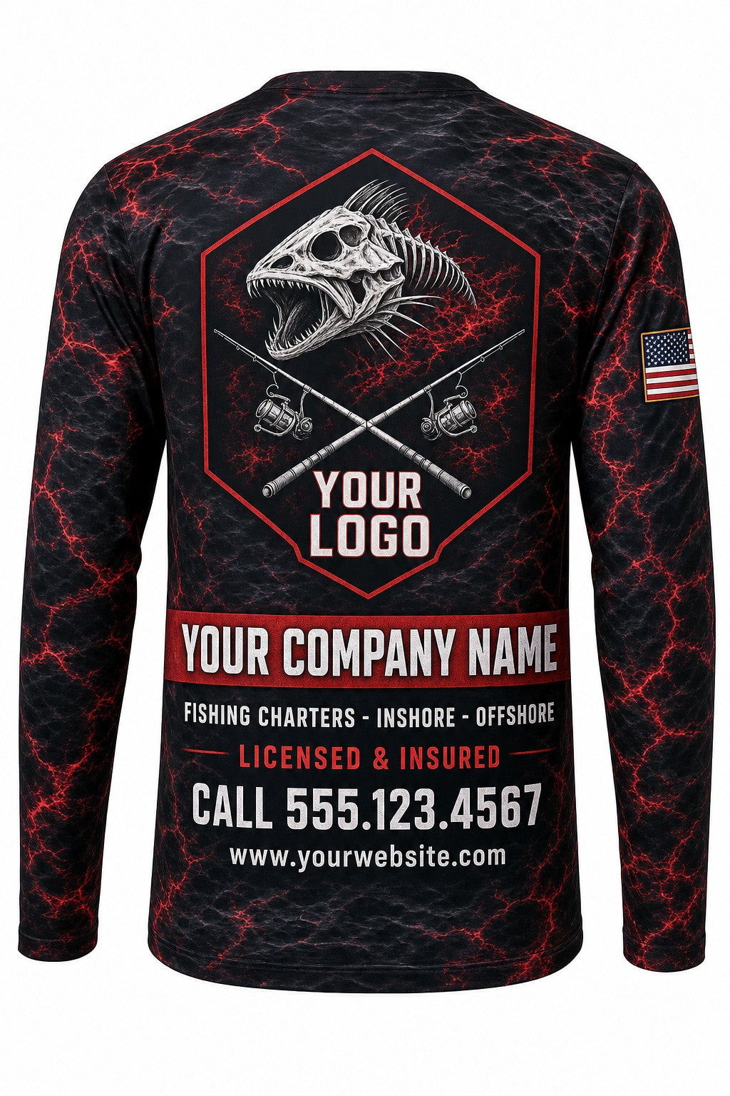 Fish Reaper Skull Custom Fishing Team Uniform - back view, custom company logo all-over-print uniform