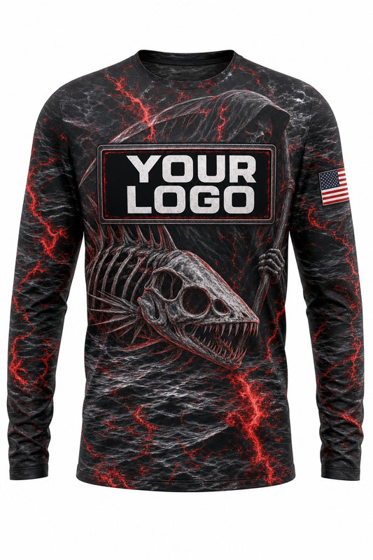 Fish Reaper Skull Custom Fishing Team Uniform - front view, custom company logo all-over-print uniform