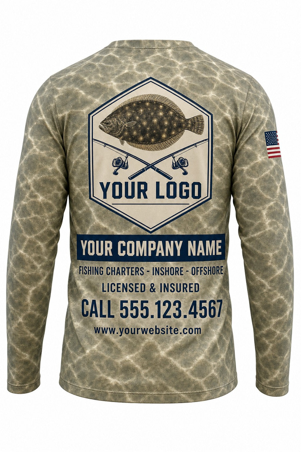 Flounder Custom Fishing Team Uniform - back view, custom company logo all-over-print uniform