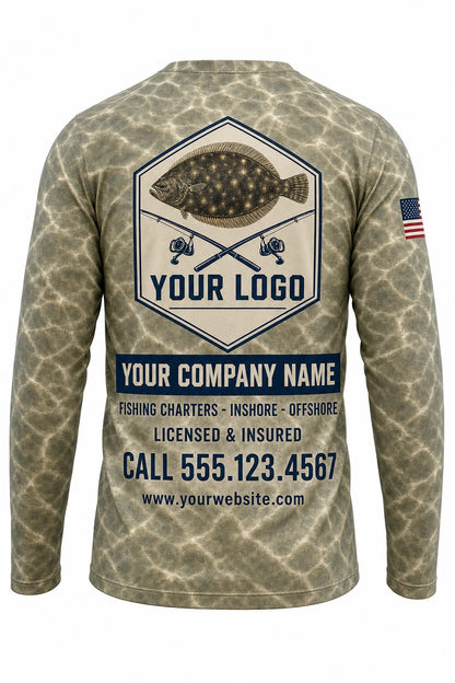 Flounder Custom Fishing Team Uniform - back view, custom company logo all-over-print uniform