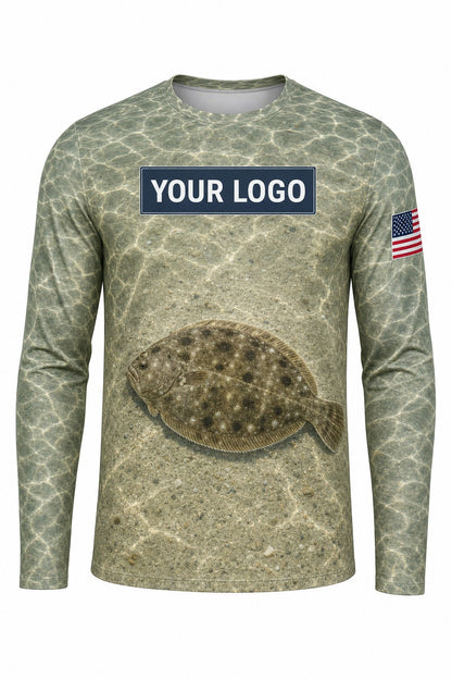 Flounder Custom Fishing Team Uniform - front view, custom company logo all-over-print uniform