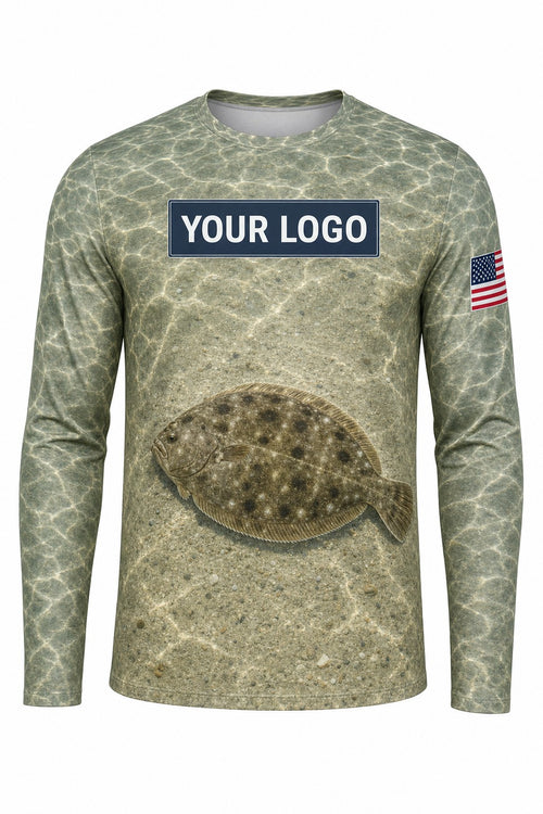 Flounder Custom Fishing Team Uniform - front view, custom company logo all-over-print uniform