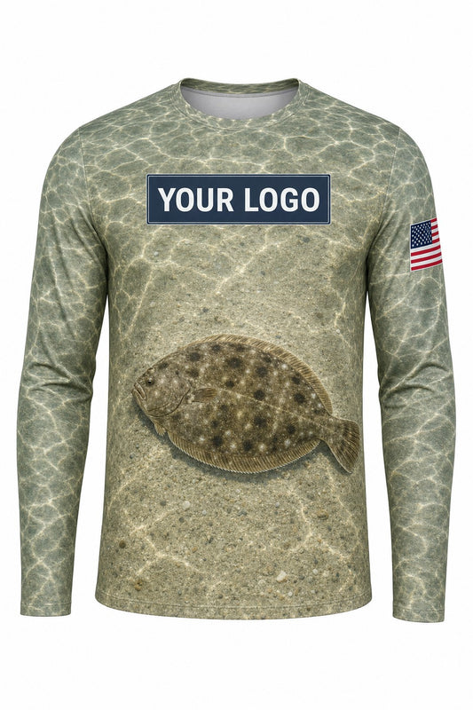 Flounder Custom Fishing Team Uniform - front view, custom company logo all-over-print uniform