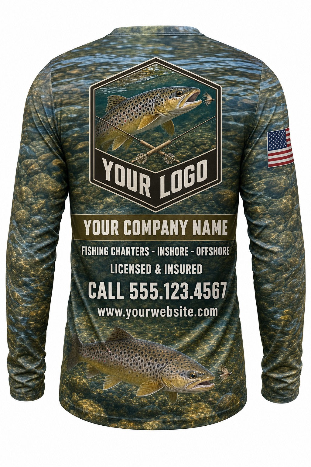Fly Fishing Trout Custom Fishing Team Uniform - back view, custom company logo all-over-print uniform