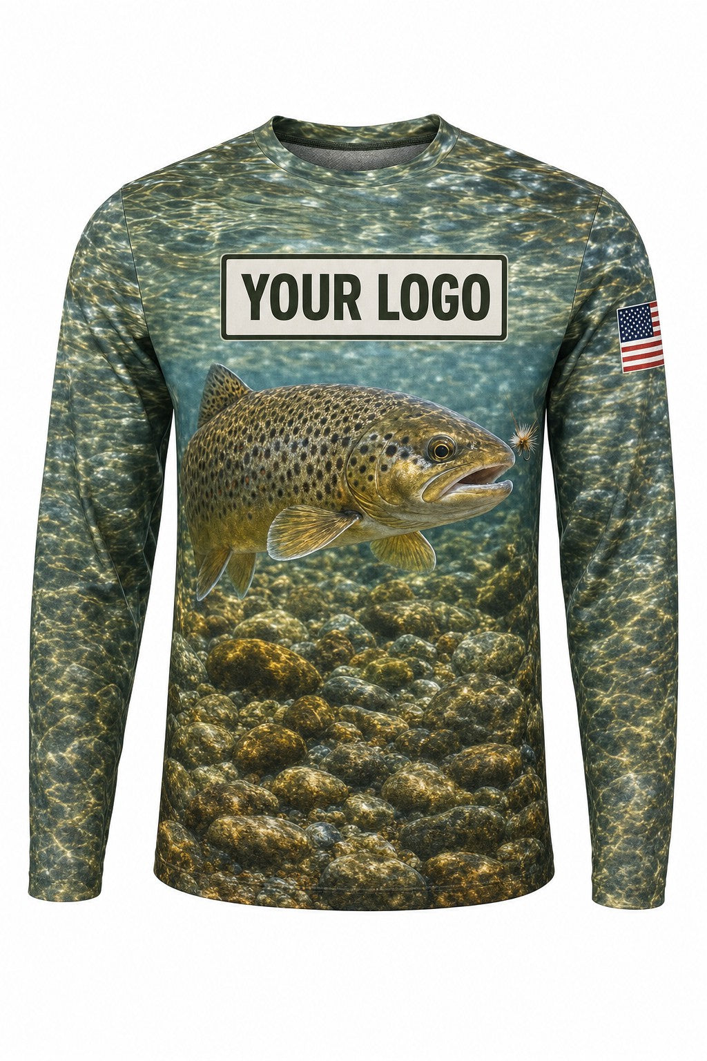 Fly Fishing Trout Custom Fishing Team Uniform - front view, custom company logo all-over-print uniform