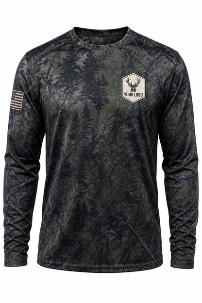 Buck Guide Crew Shirt in forest camo, front view - custom company logo hunting crew uniform long sleeve