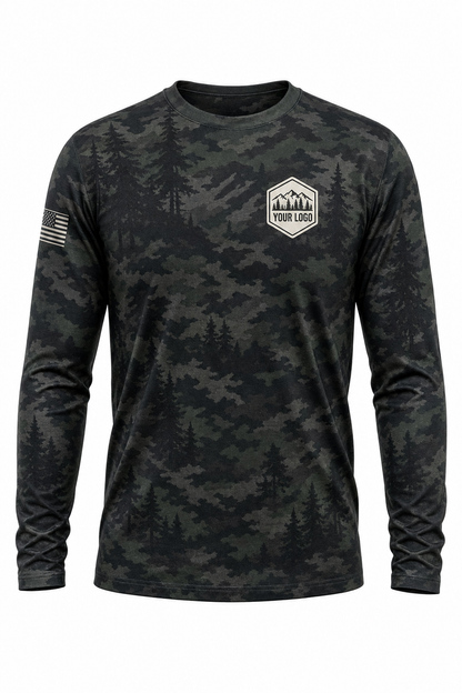 Camo Texture Guide Crew Shirt in forest camo, front view - custom company logo hunting crew uniform long sleeve