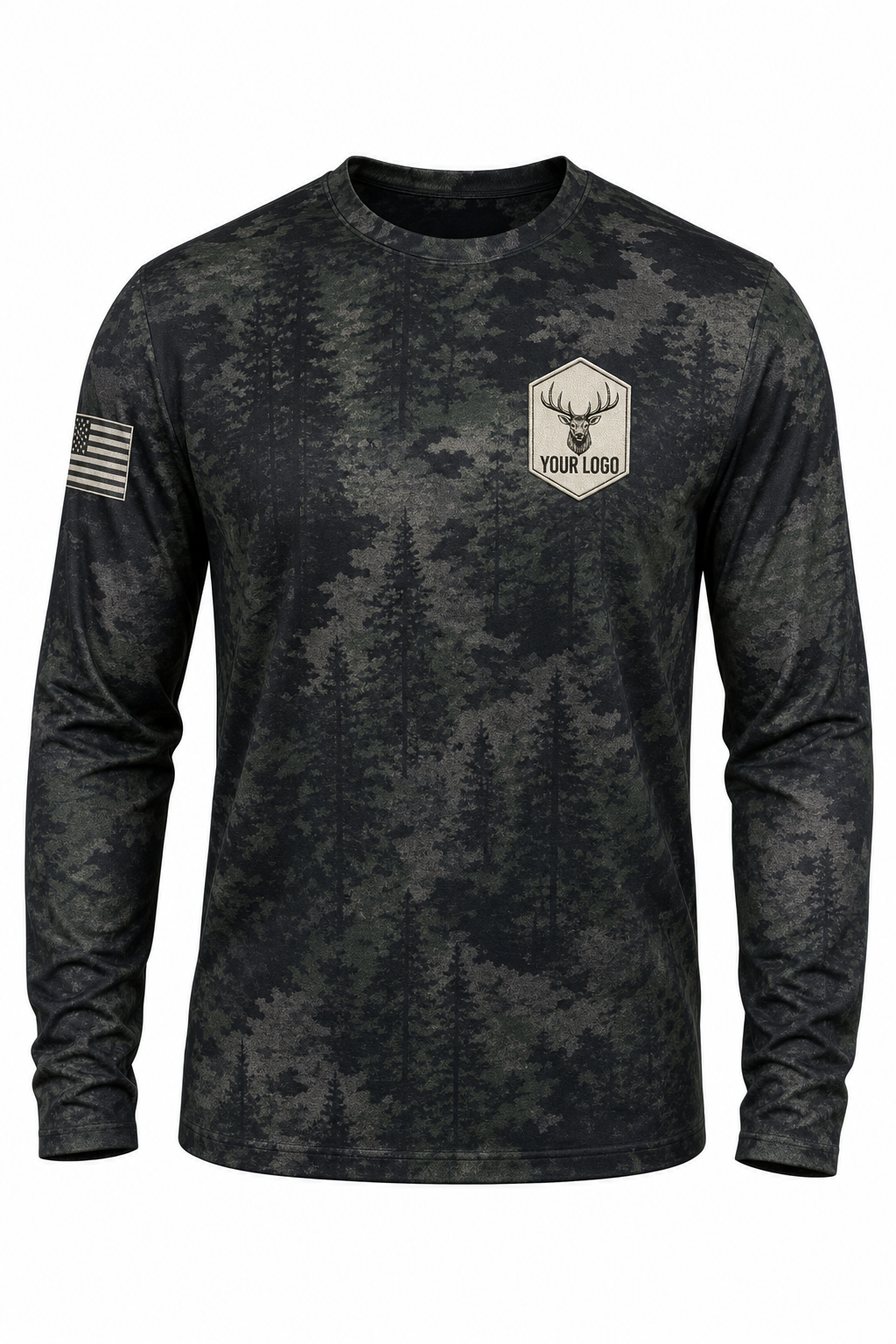 Elk Guide Crew Shirt in forest camo, front view - custom company logo hunting crew uniform long sleeve