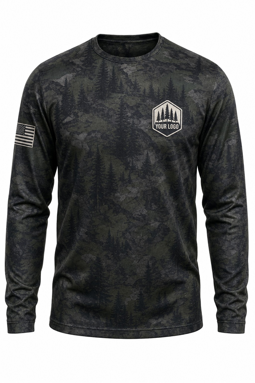 Pine Forest Guide Crew Shirt in forest camo, front view - custom company logo hunting crew uniform long sleeve
