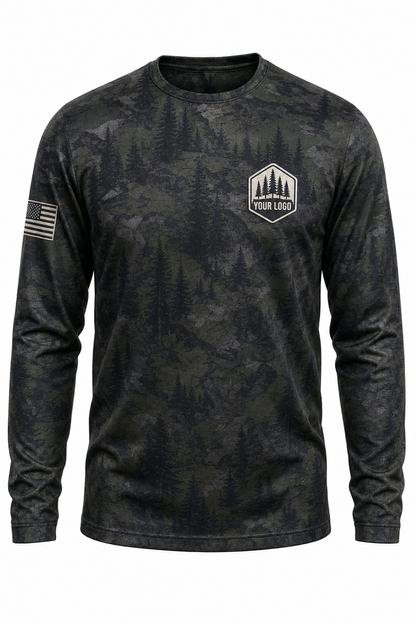 Pine Forest Guide Crew Shirt in forest camo, front view - custom company logo hunting crew uniform long sleeve