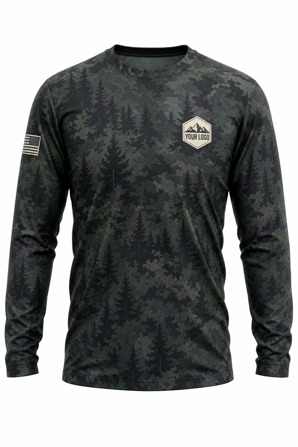 Mountain Ridge Guide Crew Shirt in forest camo, front view - custom company logo hunting crew uniform long sleeve
