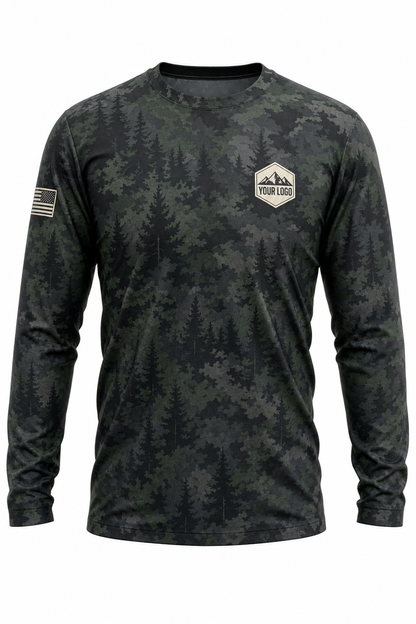 Mountain Ridge Guide Crew Shirt in forest camo, front view - custom company logo hunting crew uniform long sleeve