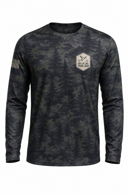 Waterfowl Guide Crew Shirt in forest camo, front view - custom company logo hunting crew uniform long sleeve