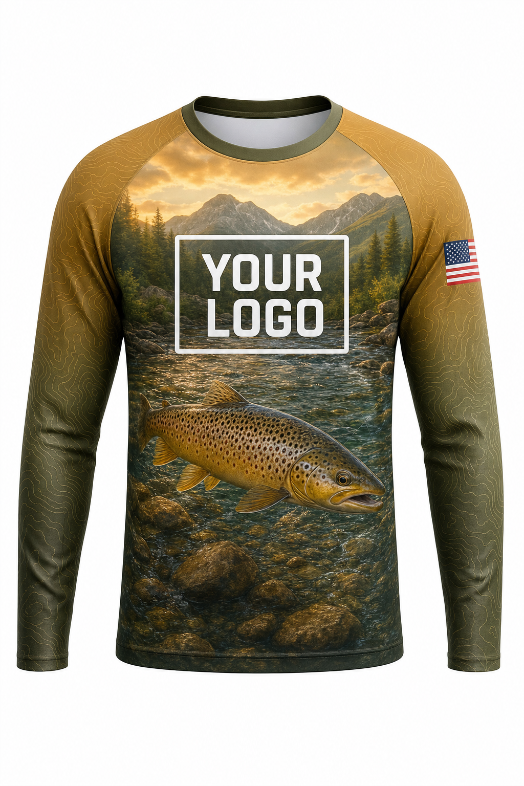 Brown Trout Fishing Charter Crew Uniform - Olive Topo - custom company logo all-over-print uniform