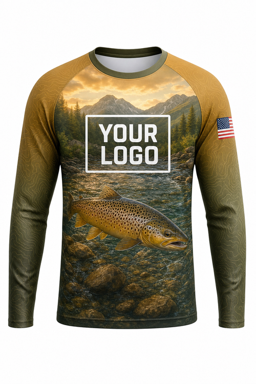 Brown Trout Fishing Charter Crew Uniform - Olive Topo - custom company logo all-over-print uniform