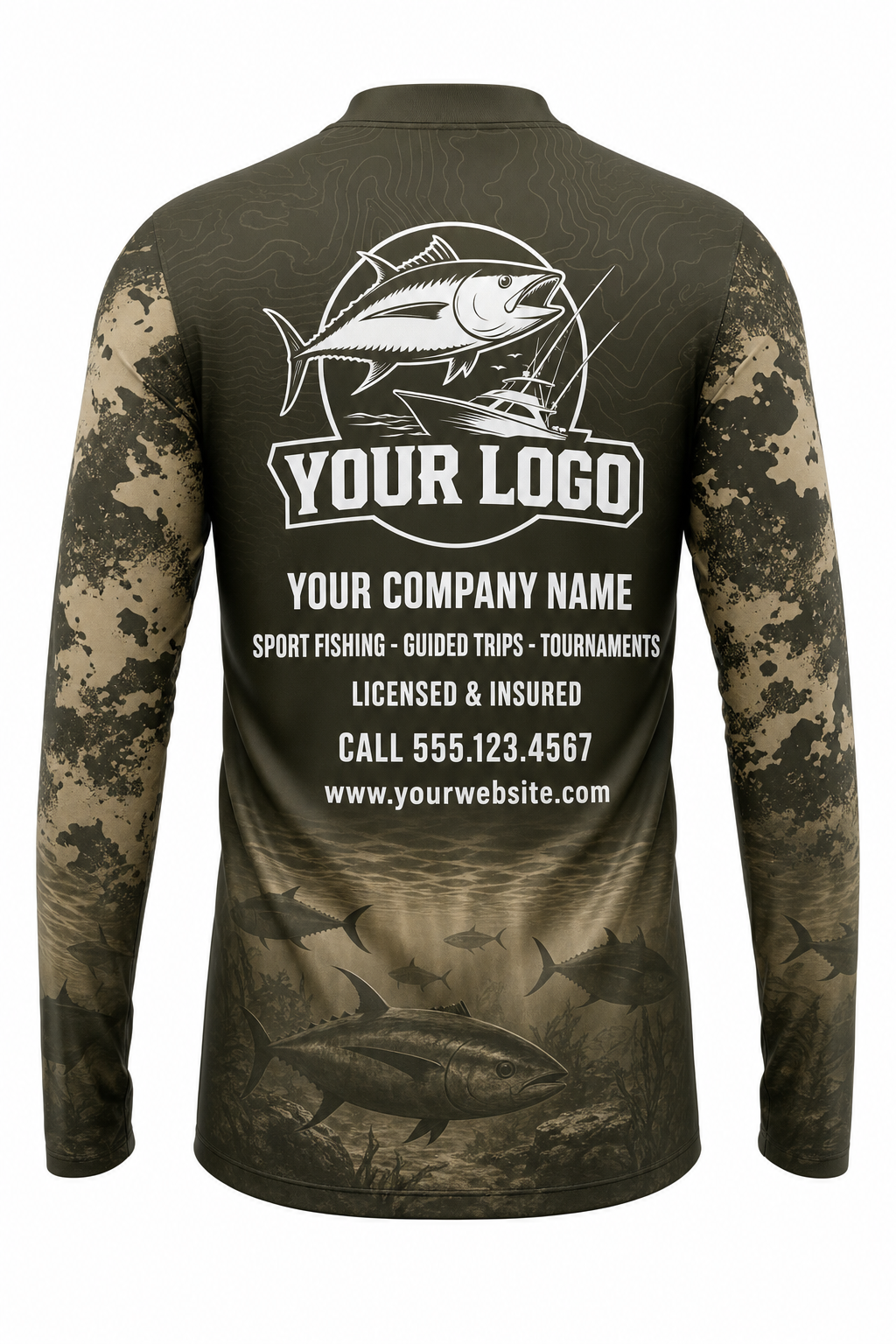 Flathead Catfish Fishing Charter Crew Uniform - Olive Camo - custom company logo all-over-print uniform