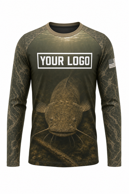 Flathead Catfish Fishing Charter Crew Uniform - Olive Camo - custom company logo all-over-print uniform