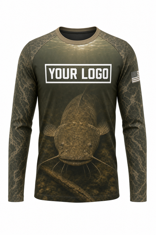 Flathead Catfish Fishing Charter Crew Uniform - Olive Camo - custom company logo all-over-print uniform