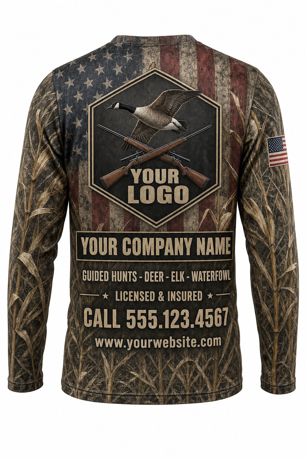 Goose Flag Custom Hunting Team Uniform - back view, custom company logo all-over-print uniform