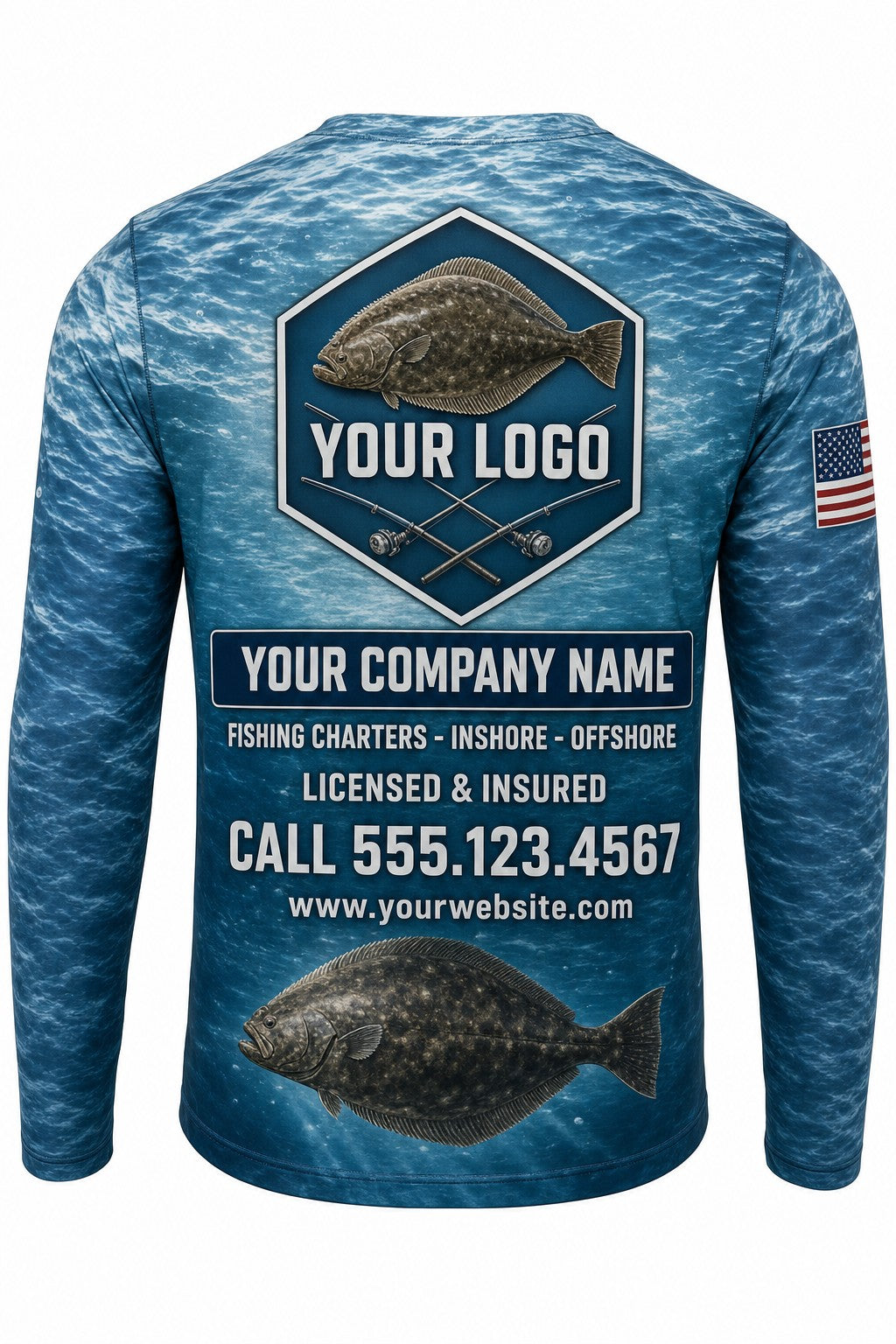 Halibut Custom Fishing Team Uniform - back view, custom company logo all-over-print uniform
