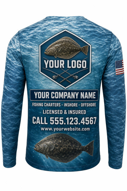 Halibut Custom Fishing Team Uniform - back view, custom company logo all-over-print uniform