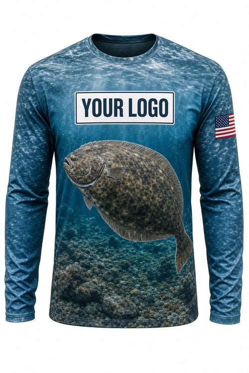 Halibut Custom Fishing Team Uniform - front view, custom company logo all-over-print uniform