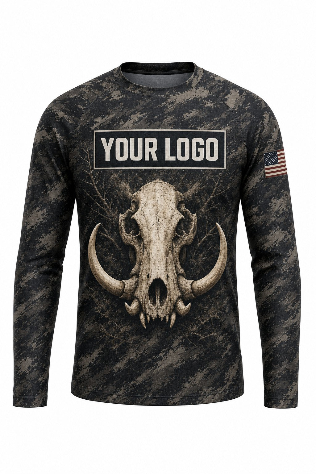 Hog Euro Skull Custom Hunting Team Uniform - front view, custom company logo all-over-print uniform