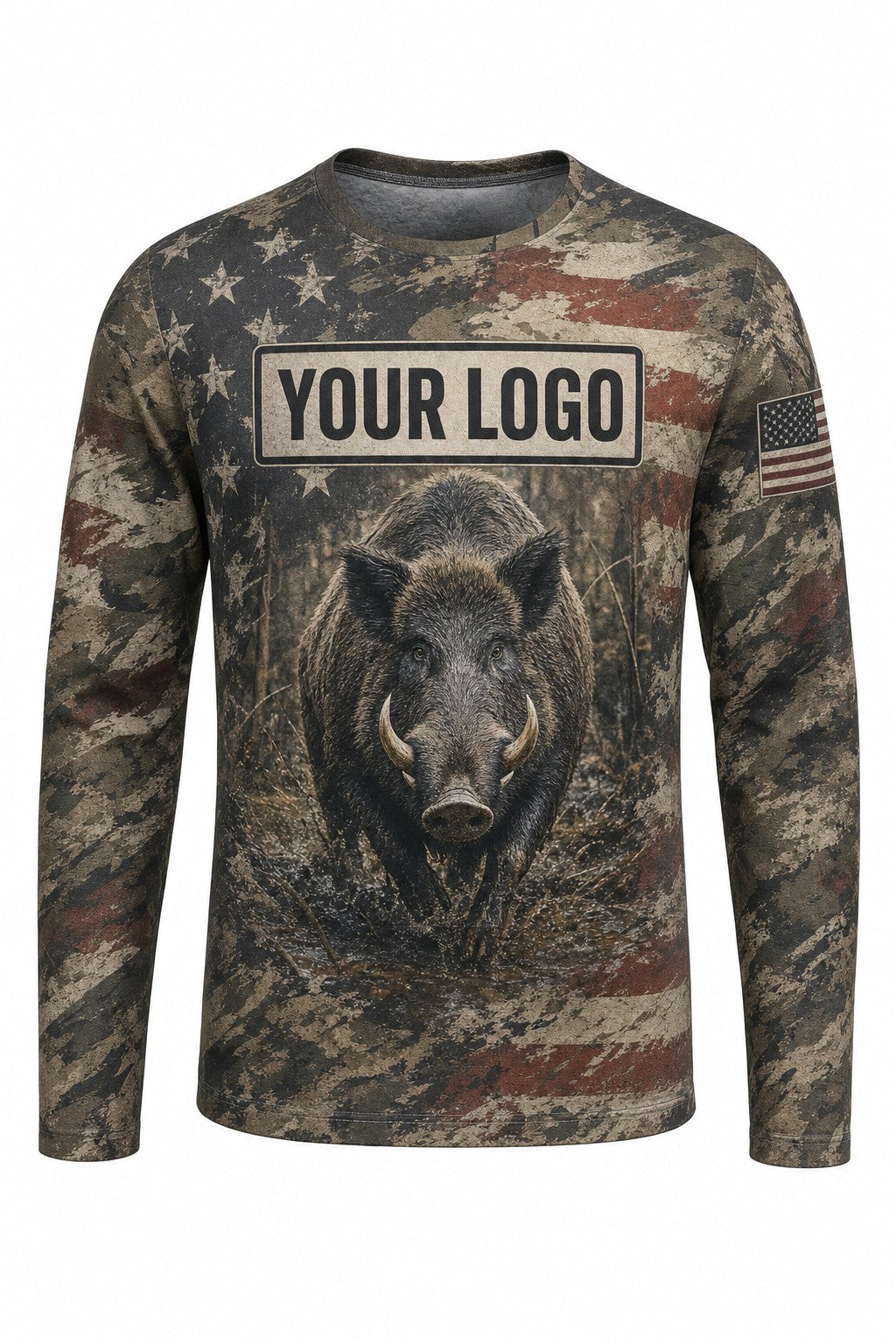 Hog Flag Custom Hunting Team Uniform - front view, custom company logo all-over-print uniform