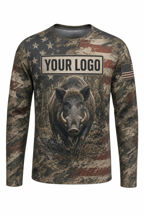Hog Flag Custom Hunting Team Uniform - front view, custom company logo all-over-print uniform