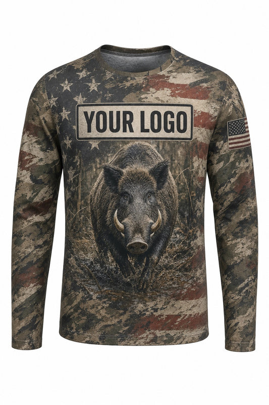 Hog Flag Custom Hunting Team Uniform - front view, custom company logo all-over-print uniform