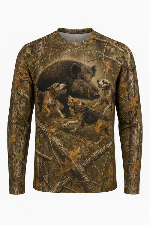 Boar and Hog Dog Pack all over print long sleeve hunting shirt