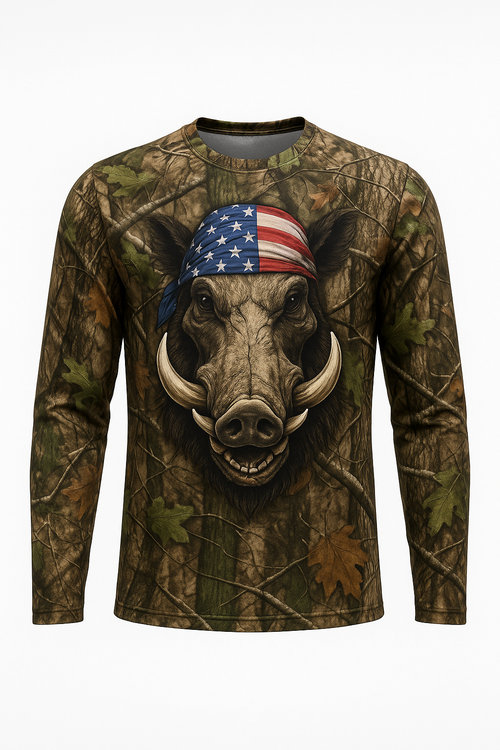 Boar Skull Flag Bandana all over print long sleeve hunting shirt