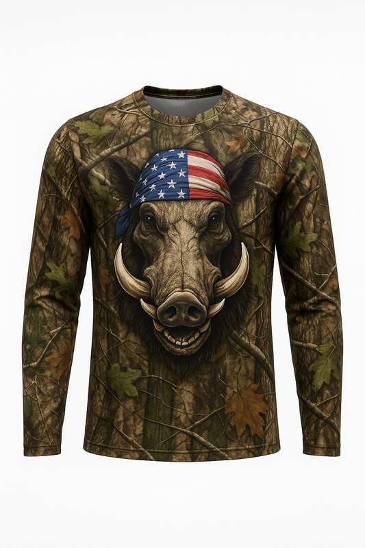Boar Skull Flag Bandana all over print long sleeve hunting shirt