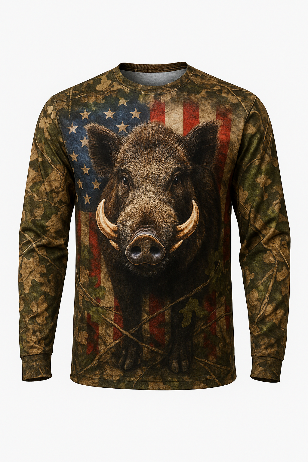 Boar Tusks Patriotic all over print long sleeve hunting shirt