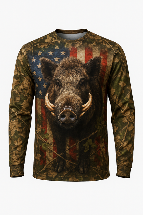 Boar Tusks Patriotic all over print long sleeve hunting shirt
