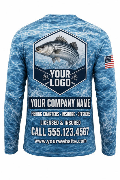 Hybrid Striper Custom Fishing Team Uniform - back view, custom company logo all-over-print uniform
