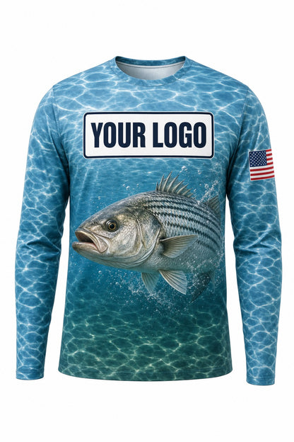 Hybrid Striper Custom Fishing Team Uniform - front view, custom company logo all-over-print uniform