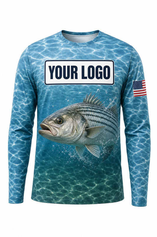 Hybrid Striper Custom Fishing Team Uniform - front view, custom company logo all-over-print uniform