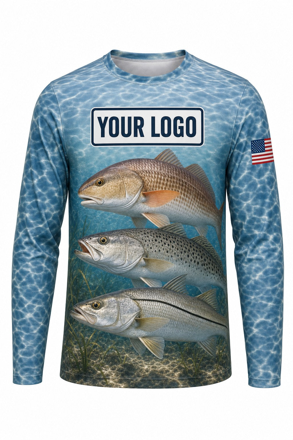 Inshore Slam Custom Fishing Team Uniform - front view, custom company logo all-over-print uniform