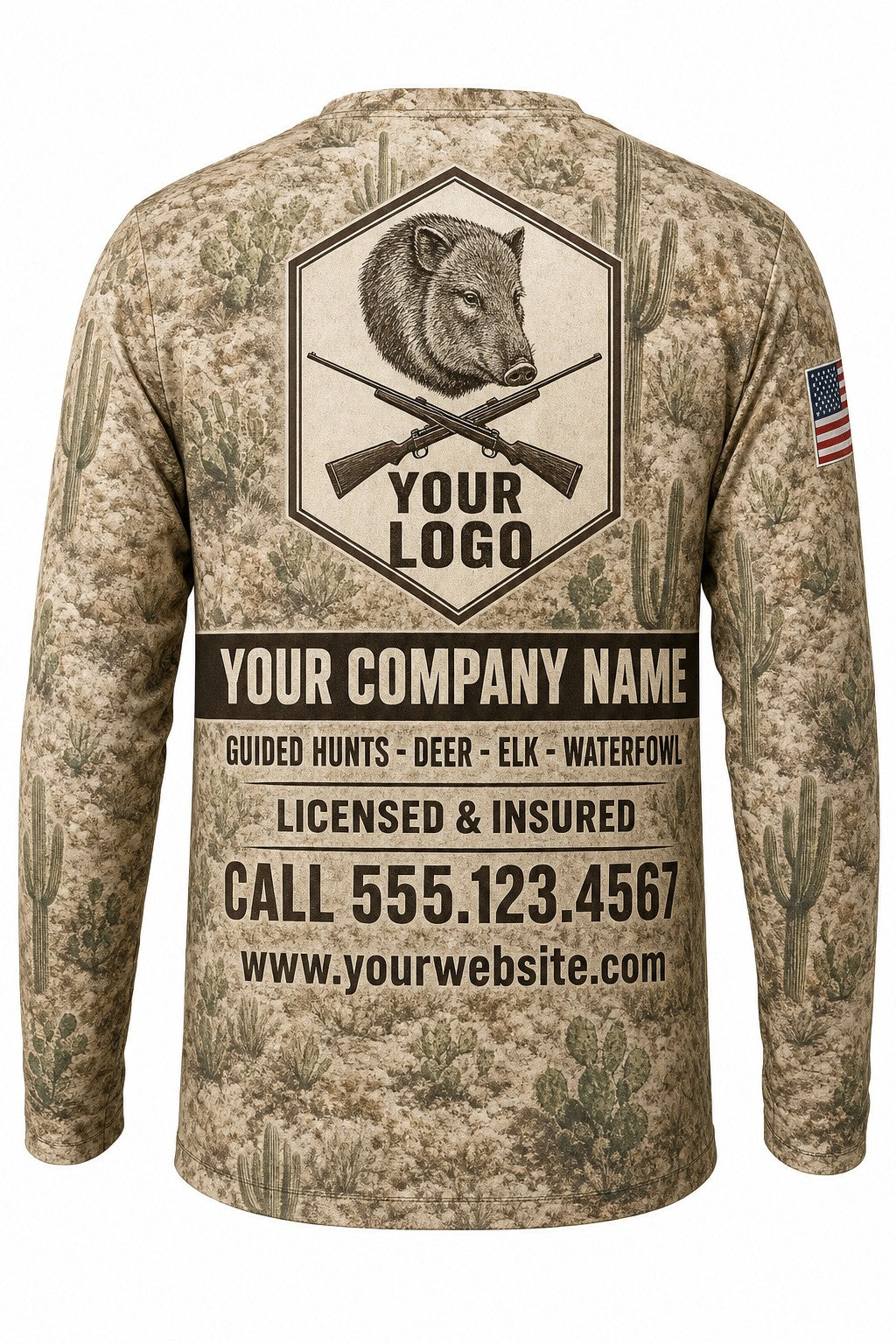 Javelina Custom Hunting Team Uniform - back view, custom company logo all-over-print uniform