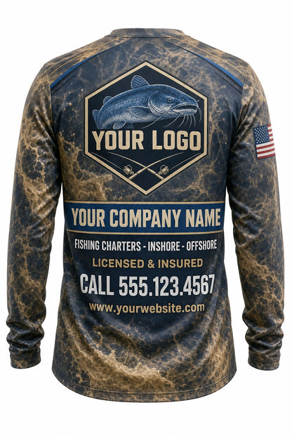 Catfish Tournament Fishing Jersey - back view, custom company logo all-over-print uniform