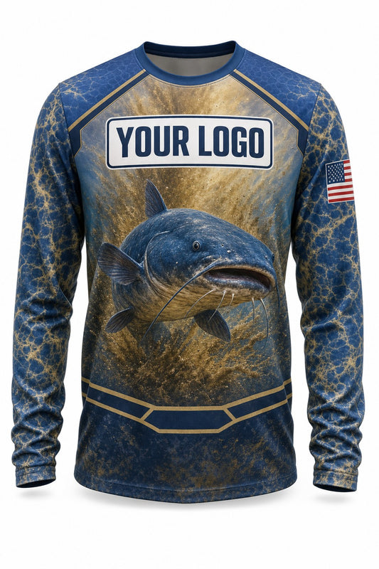 Catfish Tournament Fishing Jersey - front view, custom company logo all-over-print uniform