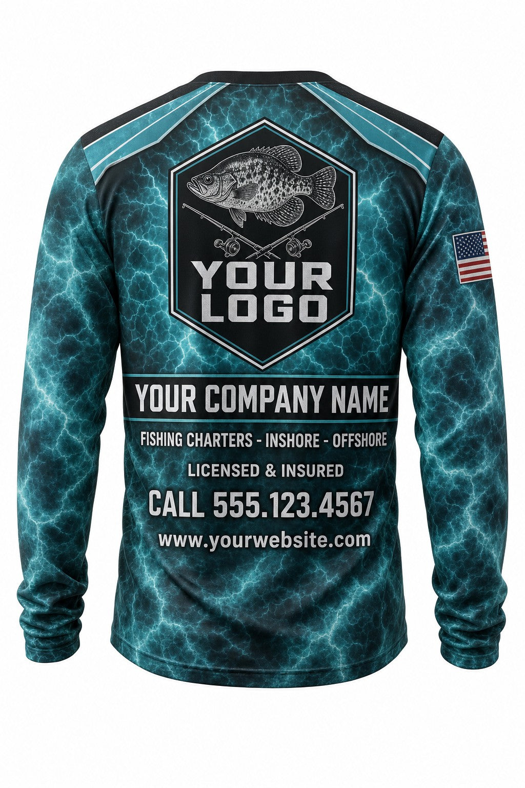 Crappie Tournament Fishing Jersey - back view, custom company logo all-over-print uniform