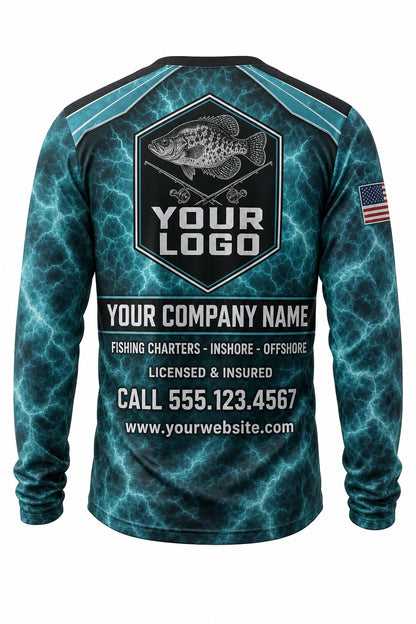 Crappie Tournament Fishing Jersey - back view, custom company logo all-over-print uniform