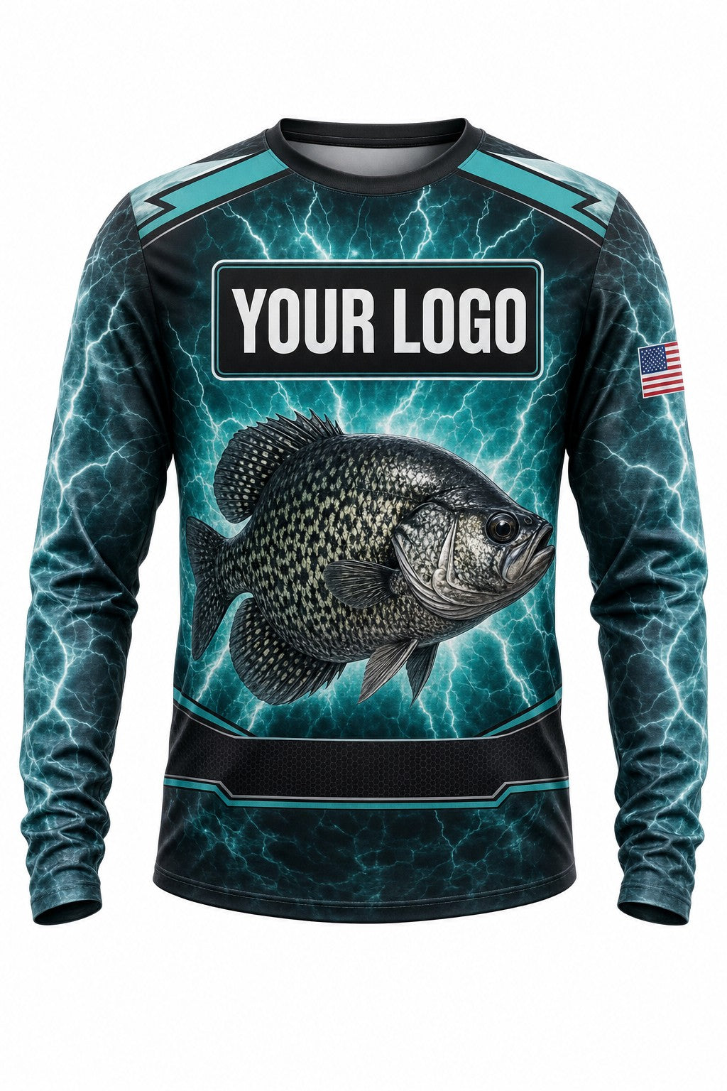 Crappie Tournament Fishing Jersey - front view, custom company logo all-over-print uniform