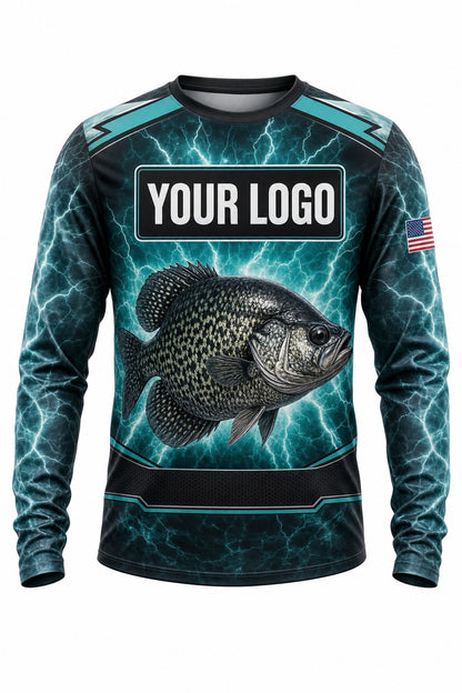 Crappie Tournament Fishing Jersey - front view, custom company logo all-over-print uniform